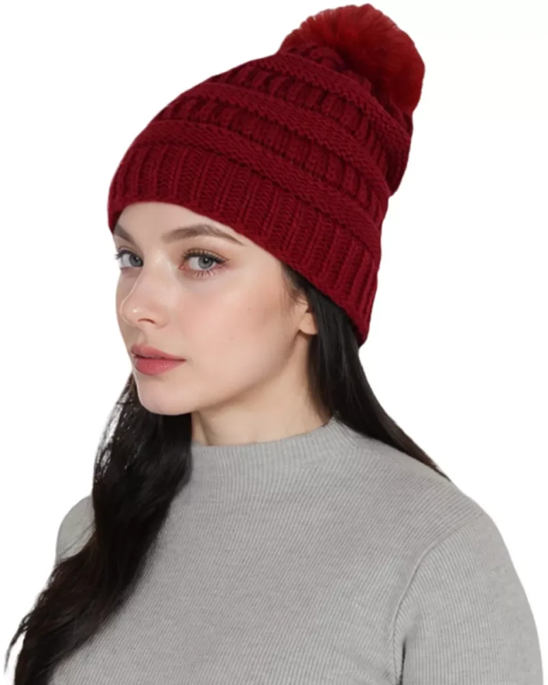 Winter Chunky Knit Slouchy Beanie with Faux Fur Pompom Warm Fleece Solid Color Chunky Baggy Hat for Women