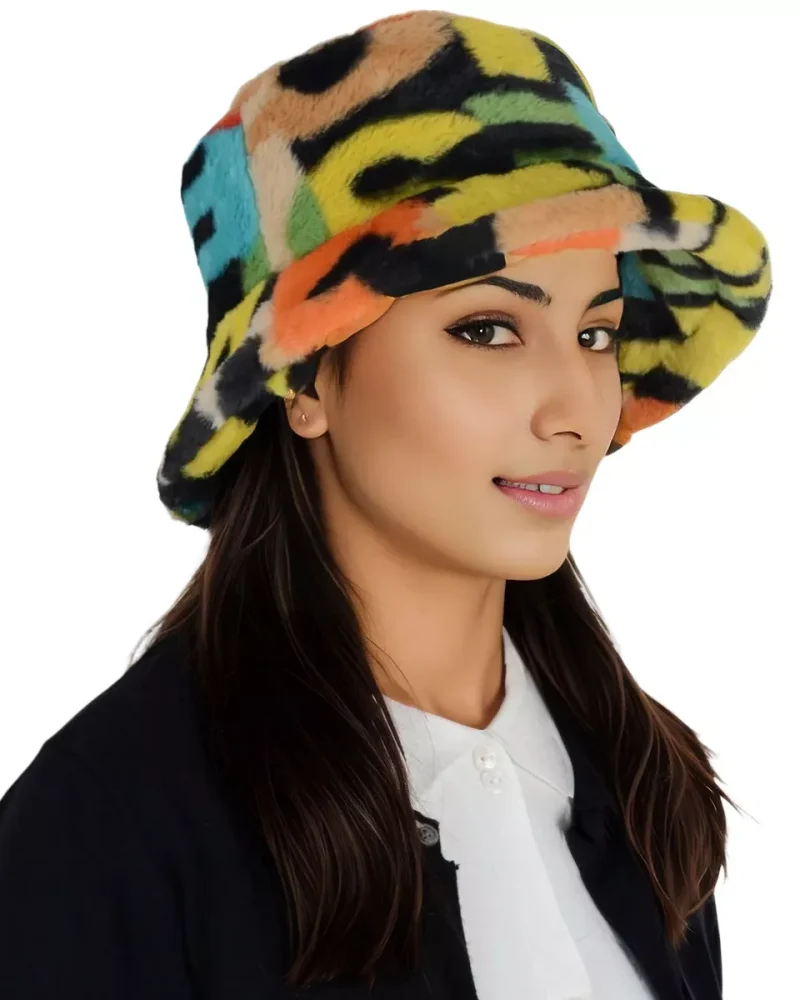 Comfy Faux Fur Fuzzy Bucket Hat Colorful Winter Warm Hat Plush Fisherman Cap for Women