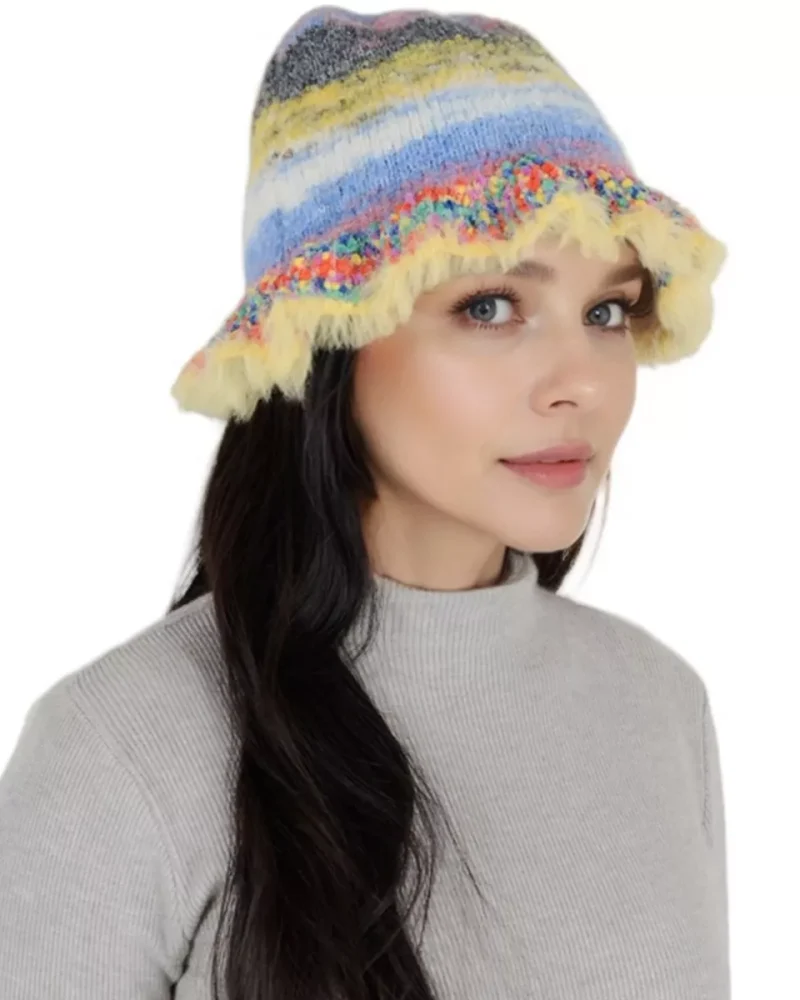 Colorful Striped Knit Bucket Hat Fluffy Trendy Winter Lightweight Foldable Crochet Fisherman Hat for Women