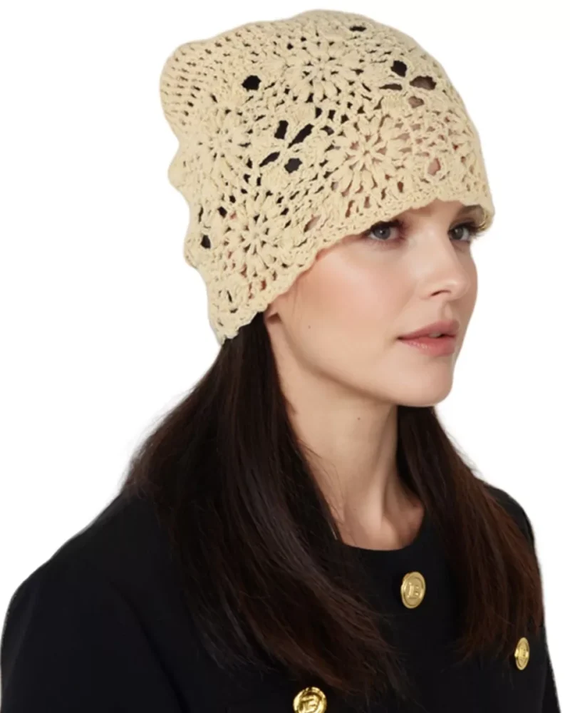 Crochet Floral Slouchy Beanie Hat Lightweight Handmade Knit Cutout Skull Cap for Women