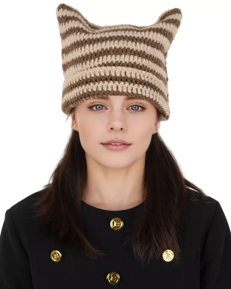 Vintage Crochet Hats Cute Cat Ear Striped Slouchy Beanies Cap for Women- Beige and Coffee